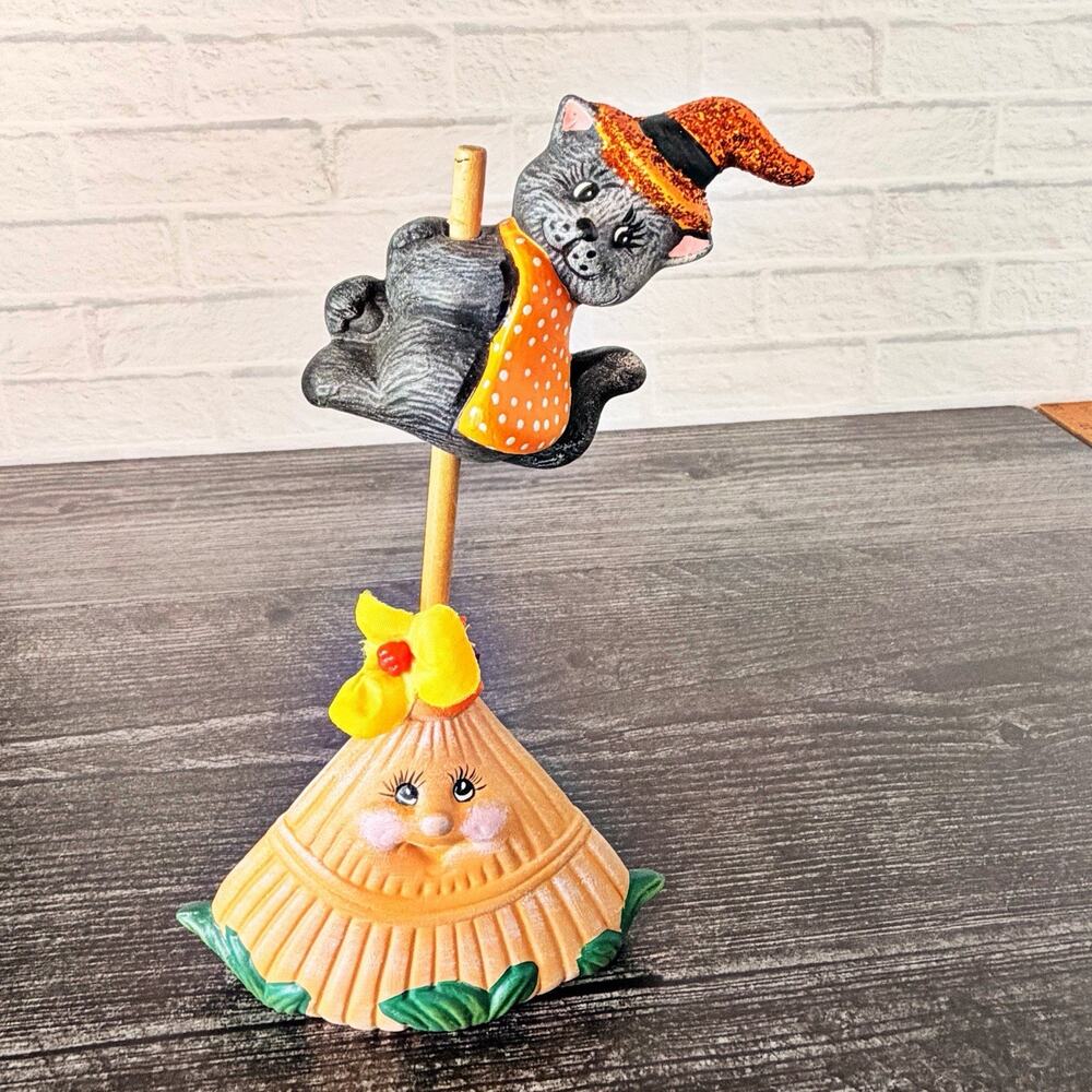 Vtg Halloween Black Cat On Broom Stick Figurine 7 Inch Ceramic Anthropomorphic